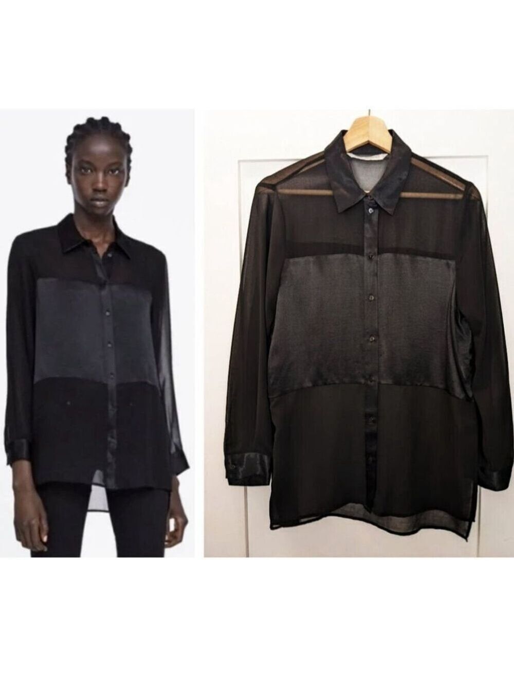 Zara | Sheer satin panel blouse in black